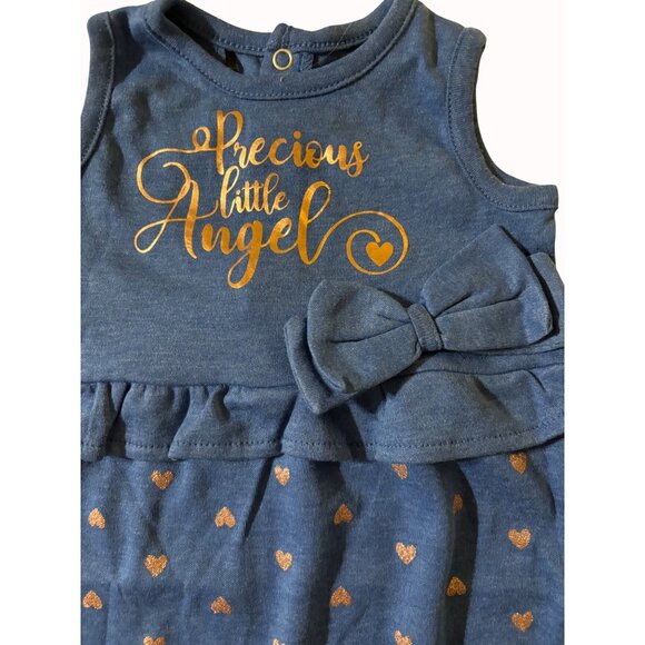 Quiltex Baby Girl Romper 6-9 Months NWT Blue Gold "Precious Little Angel" Heart - Picture 7 of 9